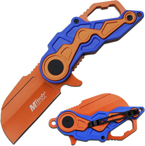MTECH USA Spring Assisted Folding Knife - Orange Stainless Steel Wharncliffe Blade, Blue and Orange ABS Handle,