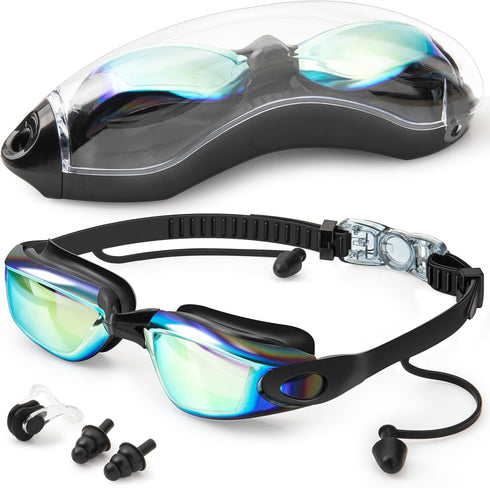 Swim Goggles for Adults, No Leaking Anti Fog UV Protection with Nose Clip and Earplugs for Pool