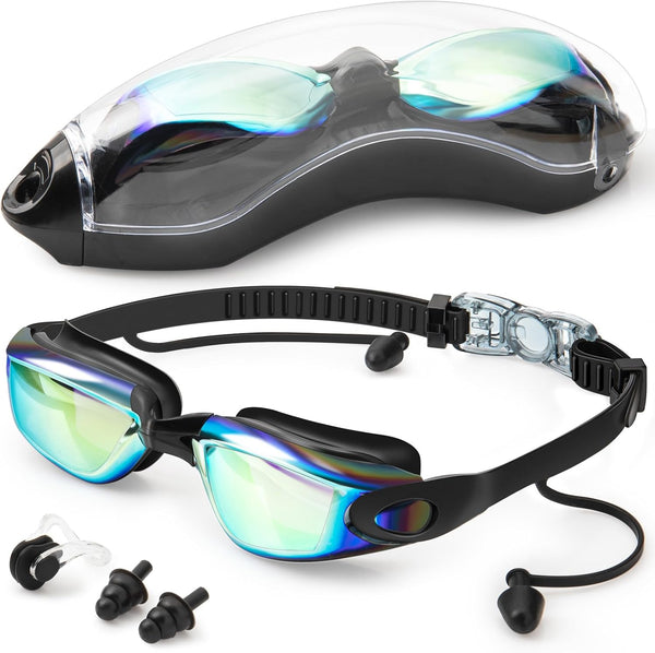Swim Goggles for Adults, No Leaking Anti Fog UV Protection with Nose Clip and Earplugs for Pool