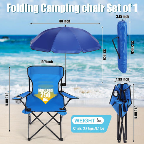Yuntau 1 Set Beach Chair with Umbrella Foldable Camping Chair Fold up Umbrella with Universal Clamp Large Portable