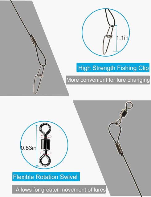 Fishing Leaders Line, Steel Leaders for Saltwater, 125LB with Swivels and Snaps, 19.68in