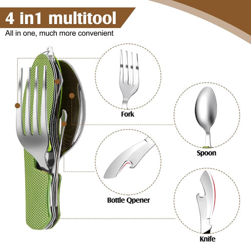 Folding Camping Utensils Cutlery Set, 4-in-1 Stainless Steel Spoon Fork Knife Bottle Opener, 5 Pcs, Red, Green, Black,