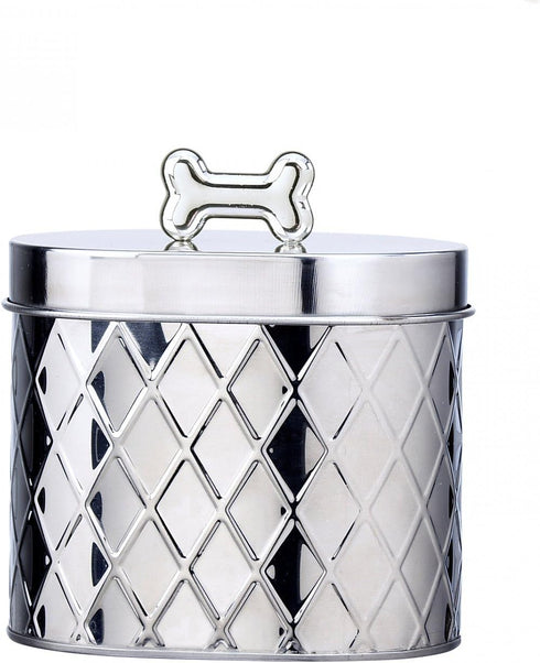 Amici Pet Chance Oval Metal Treats Storage Canister, Stainless Steel, 52 Ounces, Food Safe, Silver Tone Bone Knob
