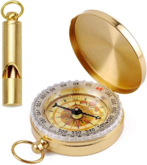 FUTURESTEPS Brass Compass with Solid Brass Whistle - Survival Set - 105 Decibels