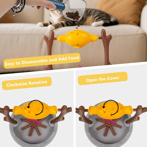 DFQ Cat Slow Feeder, Interactive Cat Puzzle Toy Treat Dispenser - BBQ Campfire Grill Design, Adjustable Rotating Roast