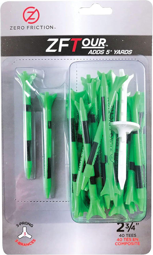 Zero Friction Tour Golf Tees, 3-Prong, 2-3/4 Inch, Citrus Green, Pack of 40