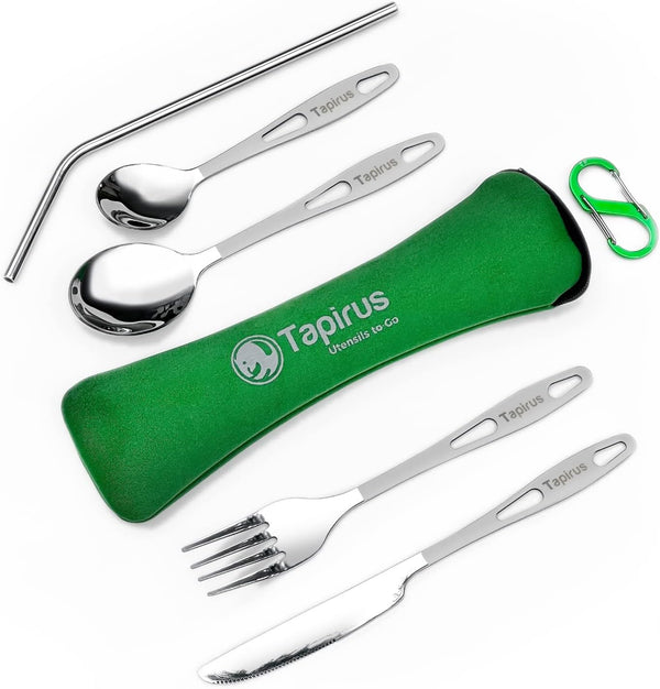 Tapirus Camp Utensils To Go | 6-piece Portable Set | Durable Stainless Steel Silverware with Waterproof Case