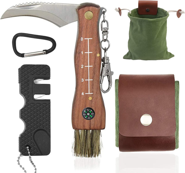 Mushroom Knife with Brush and Foraging Bag Kit, Folding Gardening Knife for Pruning and Harvesting