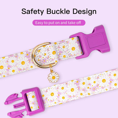Adjustable Dog Collars with Buckle for Cute Girl Female Boy Dogs, Soft Fancy Pet Collar with Flower Design for Small