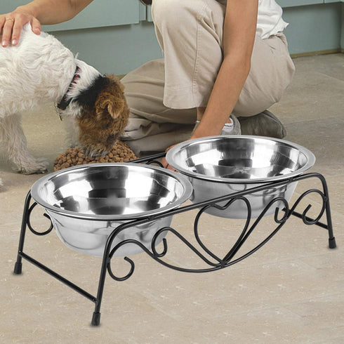 Dog Feeder, Stainless Steel Double Dog Food Bowl, Cat Water Bowls with Feeder Dishes Shelf Stand