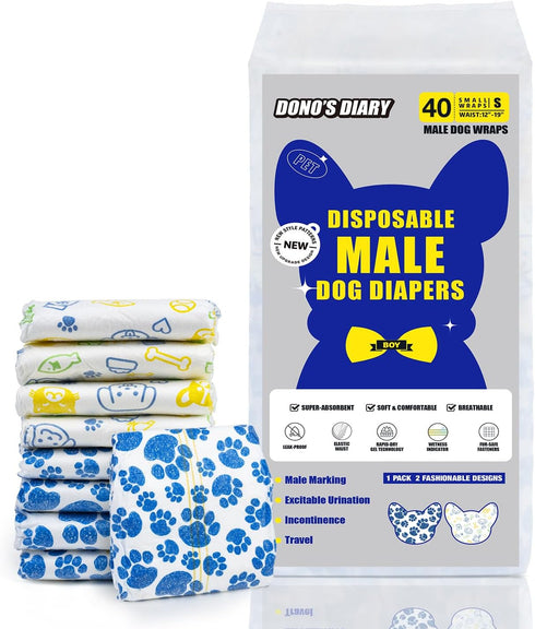 40ct Dono Dog Diapers Male, Disposable Male Dog Wraps with Wetness Indicator, Leak-Proof Dog Belly Wraps, Rapid-Dry Gel