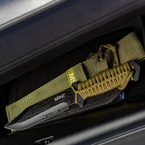 MTech USA MT-528C Fixed Blade Knife, Black Stainless Steel Blade, Green Cord Wrapped Handle, Full Tang, Nylon Sheath,
