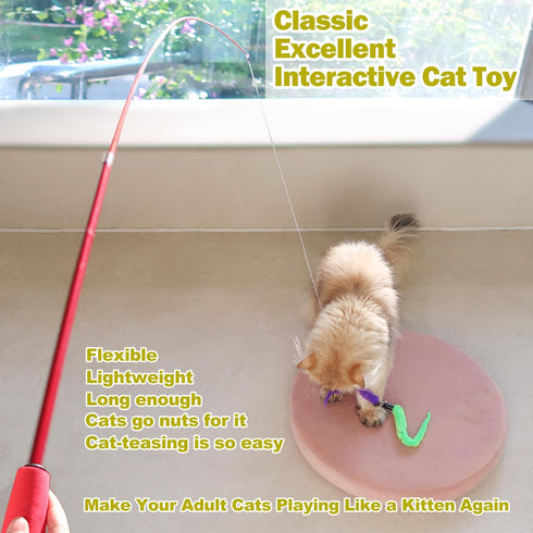 Interactive Cat Toys - Retractable Wand Toy and Feather Toys Refills for Indoor Cats