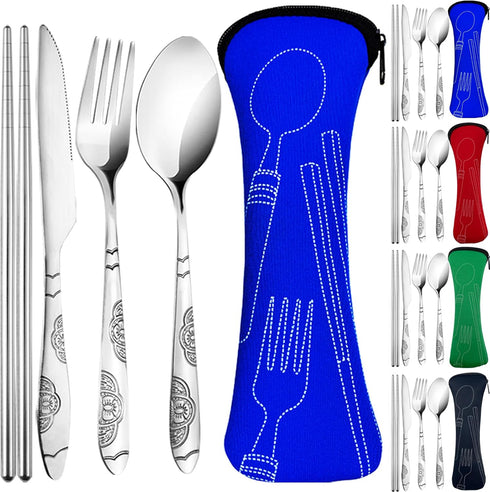 Lengnoyp 20PCS Premium Travel Utensils Set with Case, Stainless Steel Reusable Silverware for Camping, Silver