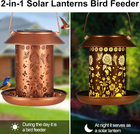 Solar Bird Feeder for Outdoors, Waterproof Hanging Garden Decor with Solar Lanterns, Metal Wild Bird Feeders (Sunflower)