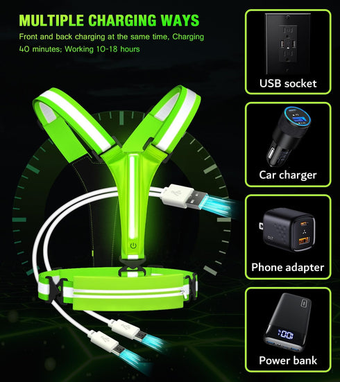 LED Reflective Vest Running Gear Set, USB Rechargeable Light Up Running Vest for Night Walking with Waterproof Phone