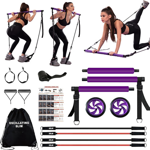 Ultimate Pilates Bar Set with Multiple Resistance Bands, Abdominal Rollers, Squat Machine, Portable Home Gym for Men