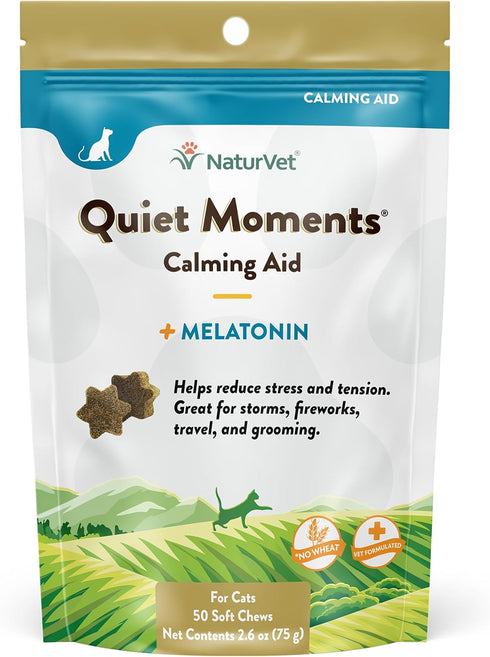 NaturVet Quiet Moments Calming Aid Cat Supplement Plus Melatonin - Reduces Stress in Cats, 50 Ct. Soft Chews