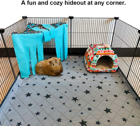 RIOUSSI Guinea Pig Hideout, Hideaway Corner Fleece Toys Cage Accessories with Reversible Sides, Geo/Gray+Blue x 1