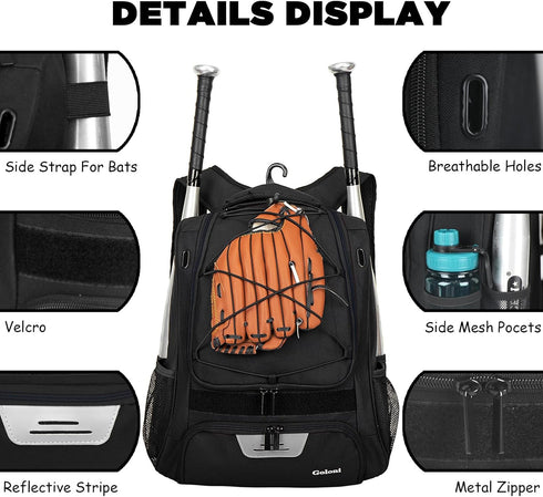 Goloni Youth Baseball Bag, Softball Bag with Shoes Compartment and Fence Hook for TBall Equipment