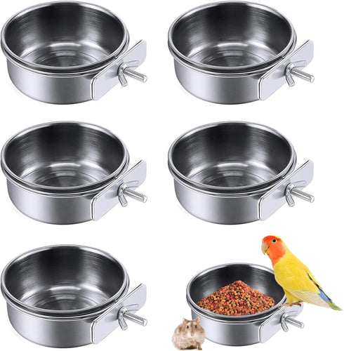 PINVNBY Stainless Steel Parrot Feeding Cups, Food Dish with Clamp Holder for Cockatiel, Conure, Budgies, Pack of 6