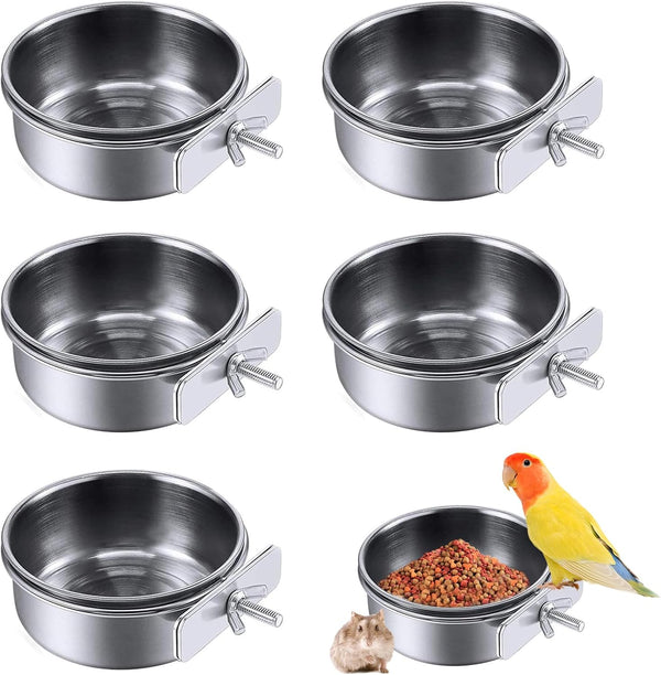 PINVNBY Stainless Steel Parrot Feeding Cups, Food Dish with Clamp Holder for Cockatiel, Conure, Budgies, Pack of 6