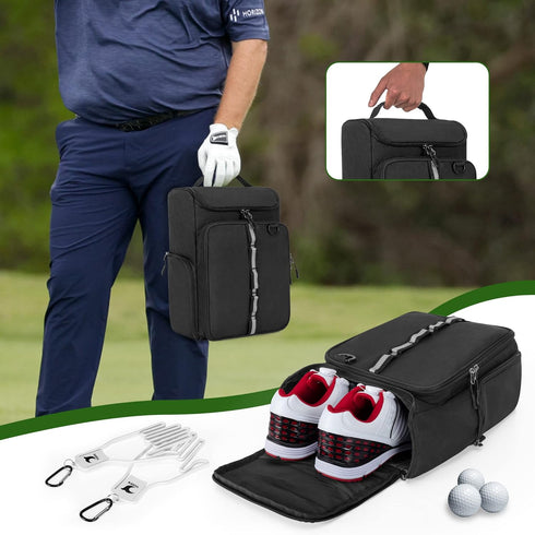 Golf Shoe Bag Holds US Mens 14 Pair of Shoes, Carrier with Free Gloves Holders and Accessory Pockets, Black