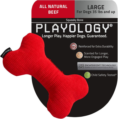 Playology Plush Squeaky Bone Dog Toy - All Natural Beef Scented Plush Toy with Interactive Squeaker for Large Dogs