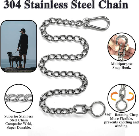 304 Stainless Steel Dog Chain Leash, Heavy Duty Short Lead, DIY Double Dog Leashes (304 S/S 24in x 3mm)