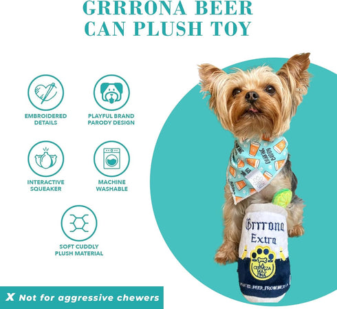 Haute Diggity Dog Grrrona Beer Can, Plush Designer Dog Toy with Interactive Squeaker, Machine-Washable