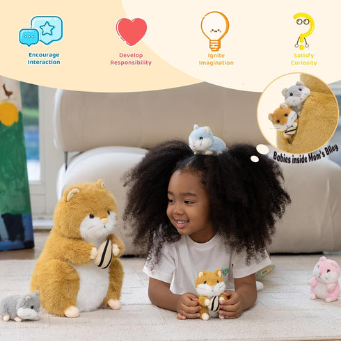 4 13" MorisMos Realistic Hamster Stuffed Animal with Surprise Squeaky Babies - Mama Plush Hamster Toy for Kids Girls