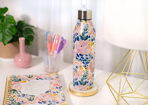 SH00054 17 Mary Square Enchanted Garden Pink Rose ounce Stainless Steel Sport Water Bottle with Screw Top Lid