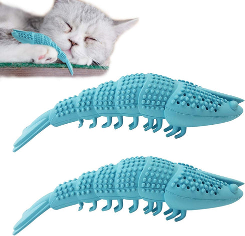 Cat Toothbrush Catnip Toy, Interactive Rubber Dental Care for Kittens, Crayfish-Shaped Chewing Toy (2 Pack)