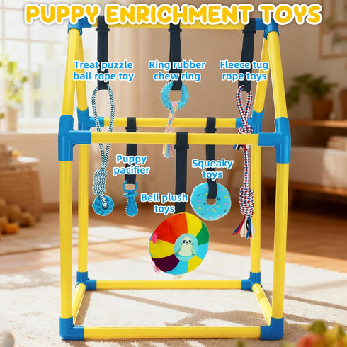 KAINUM 8 Puppy Play Gym with Hanging Toys, Dog Indoor Jungle Gym as Activities Center for Puppies, PVC Frame