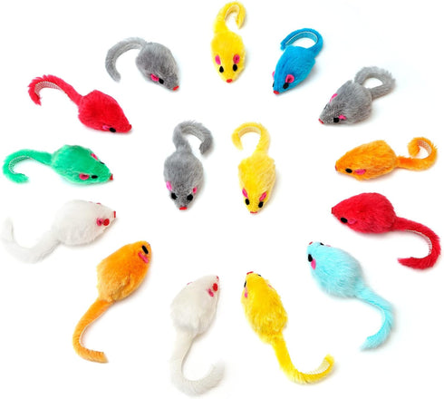 CHIWAVA 60PCS Furry Cat Toy Mice Rattle, Small Mouse Kitten Interactive Play Assorted Colors