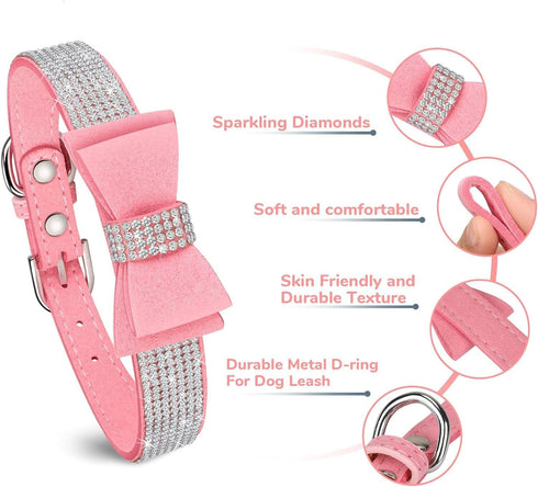 Rhinestone Bowtie Dog Collar for Girls Boys, Cute Dazzling Soft Suede Leather Bling Collars for Small Medium Large Dogs