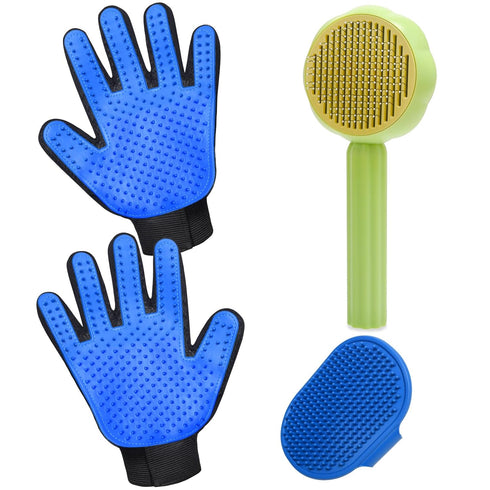 GJEASE Cat Grooming Glove Brush - Self-Cleaning Slicker for Short and Long Haired Pets, Removes Loose Hair (Green)