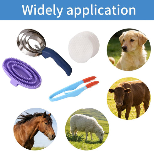 PHLYSFZ 4 Set Curry Comb Kit, Ring Curry Comb, Rubber Brush, Tear Stain Wipe Brush for Horses, Dogs, Goats, Cattle