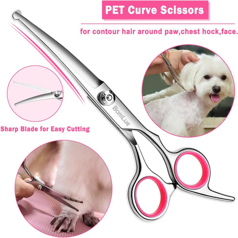 6 in 1 Professional Stainless Steel Dog Grooming Scissors, Anti-Rust Round Tip Shears for Cats, Pink Pet Kit