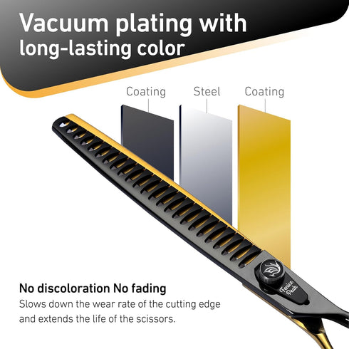 Fenice Peak 7'' Black Dog Grooming Scissors - Golden Chunker Blending Shears with Ergonomic Offset Handle