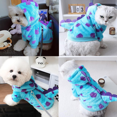 Dinosaur Dog Clothes for Small Dogs: Fleece Winter Puppy Hoodies with Leash Ring, Funny Costume for Christmas Halloween