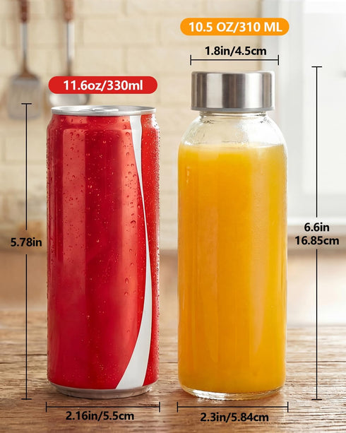 10.5 oz, 8 Pack Zukro Glass Juice Bottles Reusable Small Clear Water Container With Stainless Steel Lids & Straw