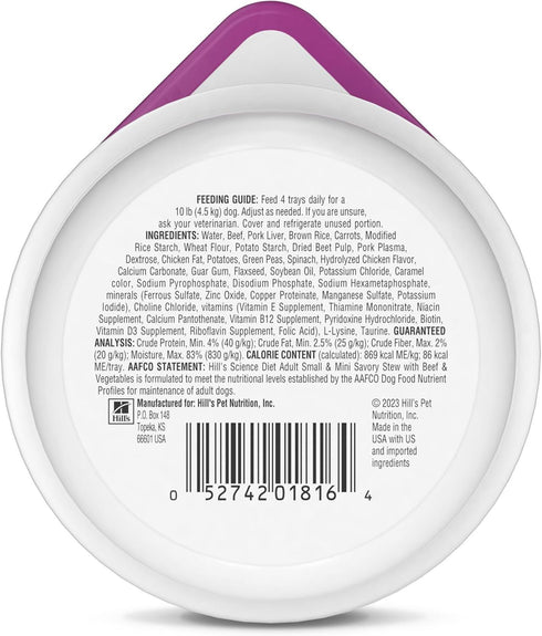 1-6 3.5 oz. 12-Pack Hill's Science Diet Adult Small & Mini Wet Dog Food, Beef & Vegetables, Trays