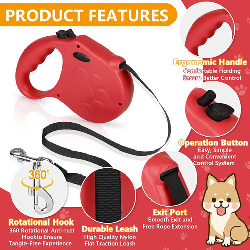 Retractable Dog Leash, 16ft Walking Leash for Small Dogs up to 77lbs, Non-Slip Handle - Red