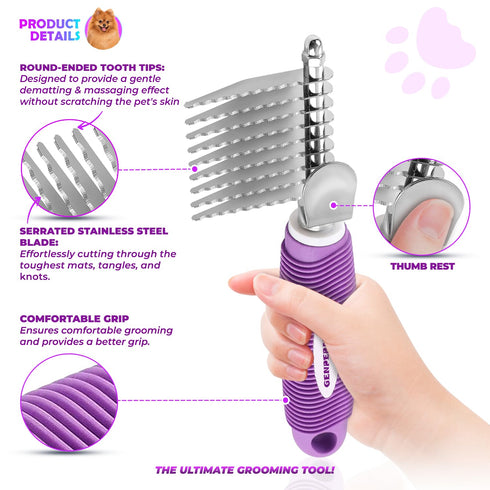 Dematting Undercoat Rake Comb for Dogs & Cats - 2.5-In Stainless Steel Safety Blades for Removing Mats & Tangles