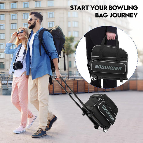 SOGUKOER 2 39.5" Bowling ball Bag with Wheels, Lightweight Trolley Double Ball Bowling bag with Large Separate Shoe