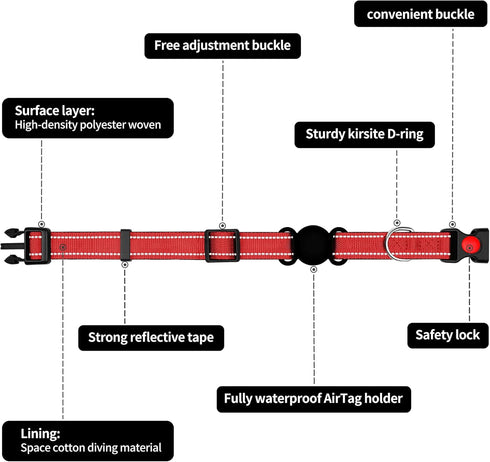 Dog Collar for Medium Large Breeds with 360° Waterproof Airtag Holder, Soft Reflective Nylon, Red
