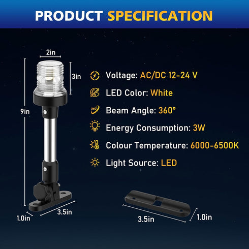 9 Inches IP67, 3NM Pontoon Stern Light Bimini Mount, Bimini Light for Pontoon Boat LED Waterproof Boat Anchor Lights