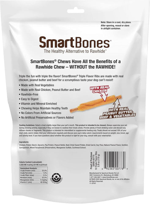 SmartBones 10 Count Rib and Wing Chews, No Artificial Colors or Preservatives, Fun Shaped Triple Flavor Treat