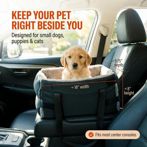 Carver Park Center Console Dog Seat for Small Dogs & Cats | Pet Car Seat with Safety Strap & Cushion | Portable Middle